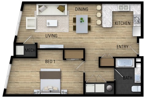 Floor plan for 1 bed, 1 bath, 780 sqft